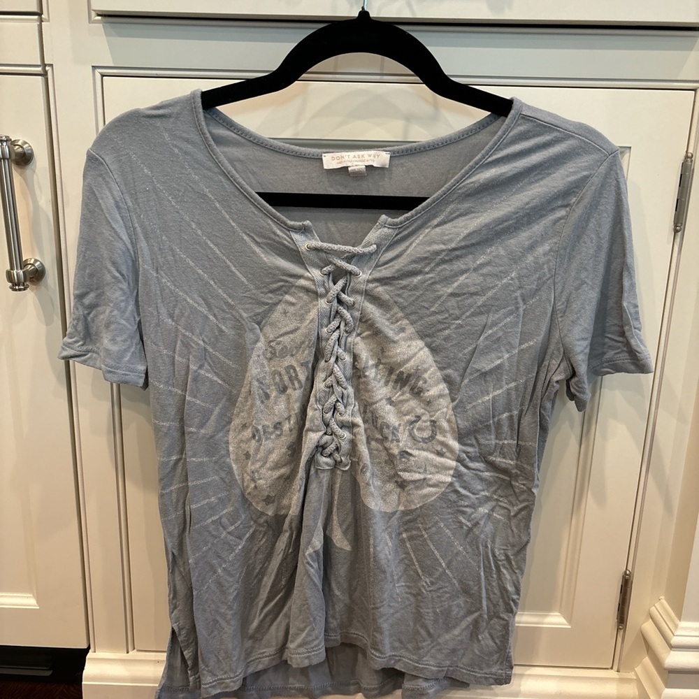 Blue and white lace up top